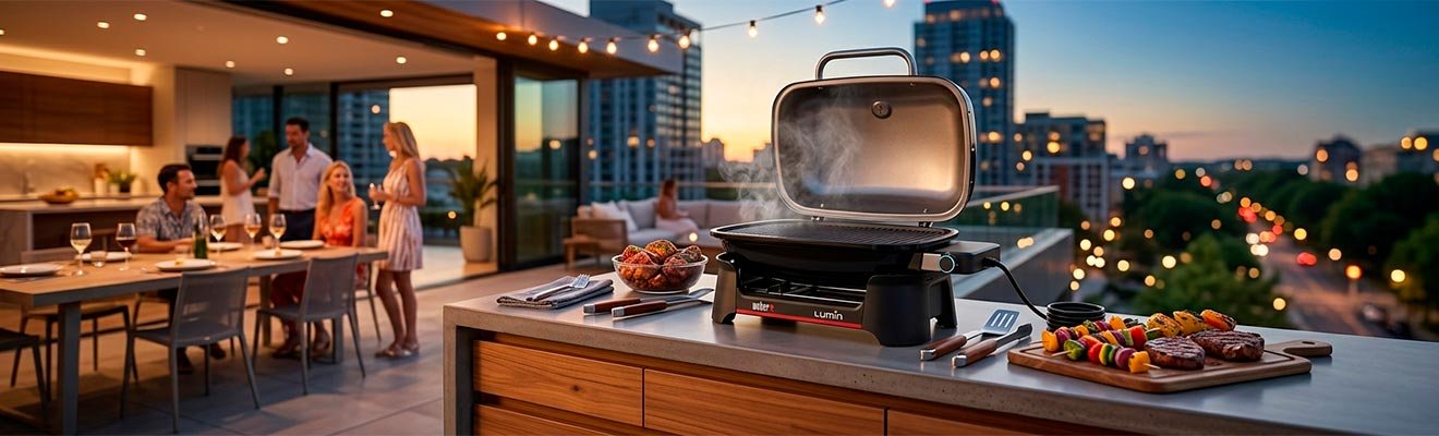 Barbacoa eléctrica Weber Lumin compacta en terraza urbana - Barbacoas Pro
