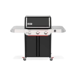 Barbacoa de gas Weber Genesis E-325W con termómetro digital integrado en terraza.