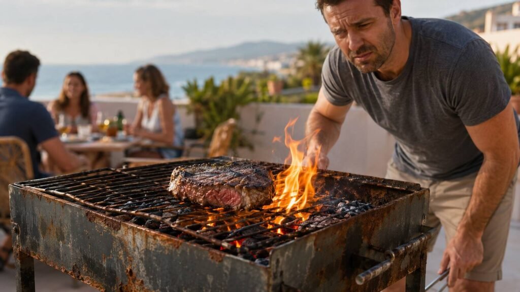 Hombre controlando una barbacoa barata con humo y llamaradas durante una comida al aire libre