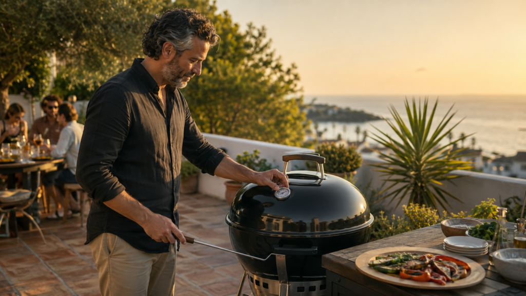 Parrillero cocinando correctamente en una barbacoa Weber con la tapa cerrada